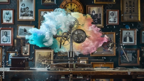 a colourfull vague cloud being weighed versus the gears of a clock, on oldfashioned scales, located on a bench inside a laboratory full of framed pictures of families photo