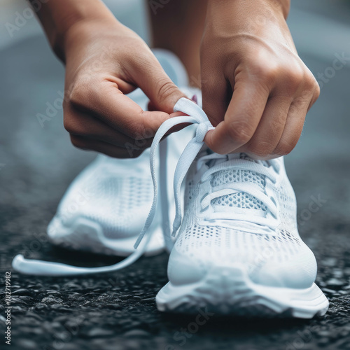 Get a close-up view of someone tying their white running shoe laces, emphasizing the precision of preparation. AI generative technology ensures lifelike portrayal. photo
