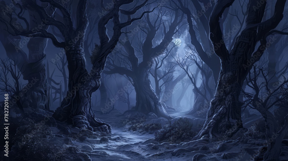 Concept art depicts a forest at night, with gnarled trees and a path leading into the darkness, all illuminated by moonlight, creating a scene filled with mystery.