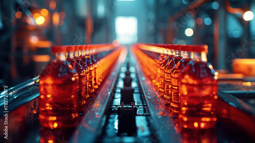 Discover the seamless automation of beverage production with this image of four orange juice bottles being sealed. AI generative technology brings the manufacturing process to life. photo