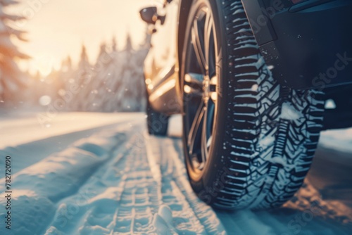 A detailed shot of car wheels with tire treads in a snowy landscape highlights winter drive safety and car service concepts. photo