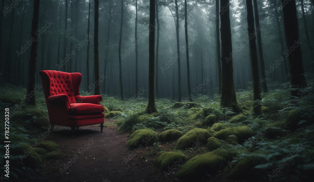 Red armchair in the middle of the forest, dark vibe, vignette, film grain, movie style - obrazy, fototapety, plakaty 