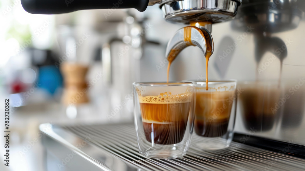 © น้ำฝน สามารถ - Explore the world of espresso with this editorial-style close-up photo showcasing various types of espresso shots in a modern white kitchen. AI generative .