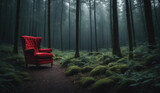 Red armchair in the middle of the forest, dark vibe, vignette, film grain, movie style