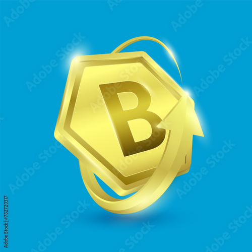 Vitamin B in shine gold hexagon shape surrounded by arrows. Used for design dietary supplement products. Vitamins label symbol 3D on blue background. Isolated vector EPS10 illustration.