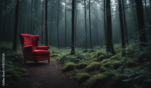 Red armchair in the middle of the forest, dark vibe, vignette, film grain, movie style photo