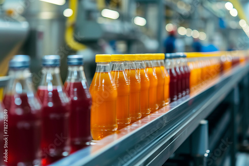 Experience the precision of manufacturing as four bottles of orange juice are sealed on a production line. AI generative technology captures every detail of the bottling process.