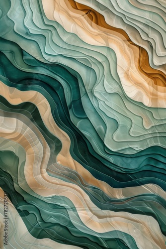 A flowing pattern of light brown, teal green and beige colors resembles undulating hills or waves, with intricate details that create depth and texture in a seamless design.