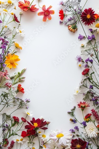 Assorted vibrant flowers arranged on white background. colorful flowers meticulously arranged on a white backdrop displaying a brilliant spectrum of colors and showcasing a variety of species