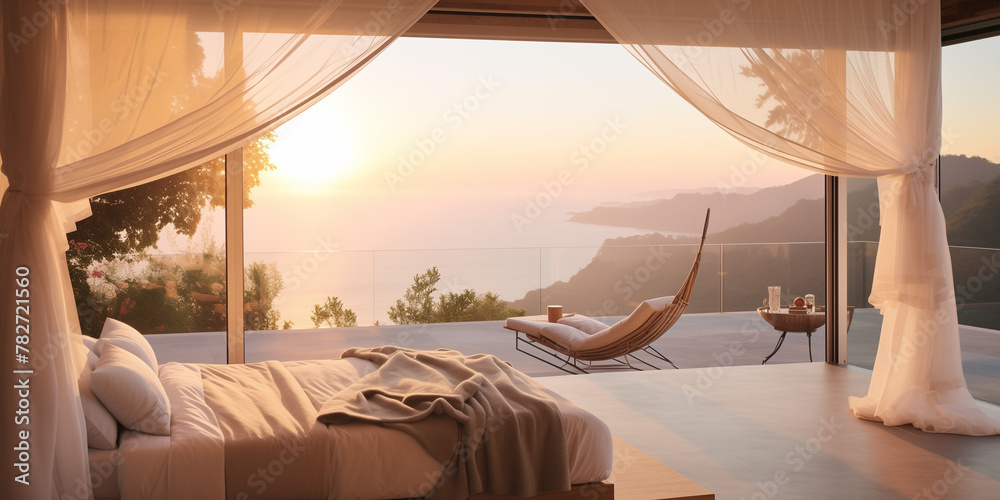  A tranquil bedroom with a canopy bed, sheer curtains, and a view of the sunrise. - obrazy, fototapety, plakaty 