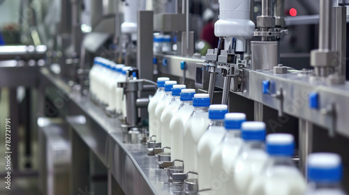 Experience the precision of a milk bottling production line, highlighting advanced manufacturing technology. AI generative technology adds depth to industrial photography.