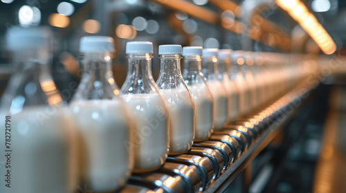 Explore the efficiency of a dairy factory's milk bottling production line, powered by automated machinery. AI generative technology ensures lifelike depiction. photo