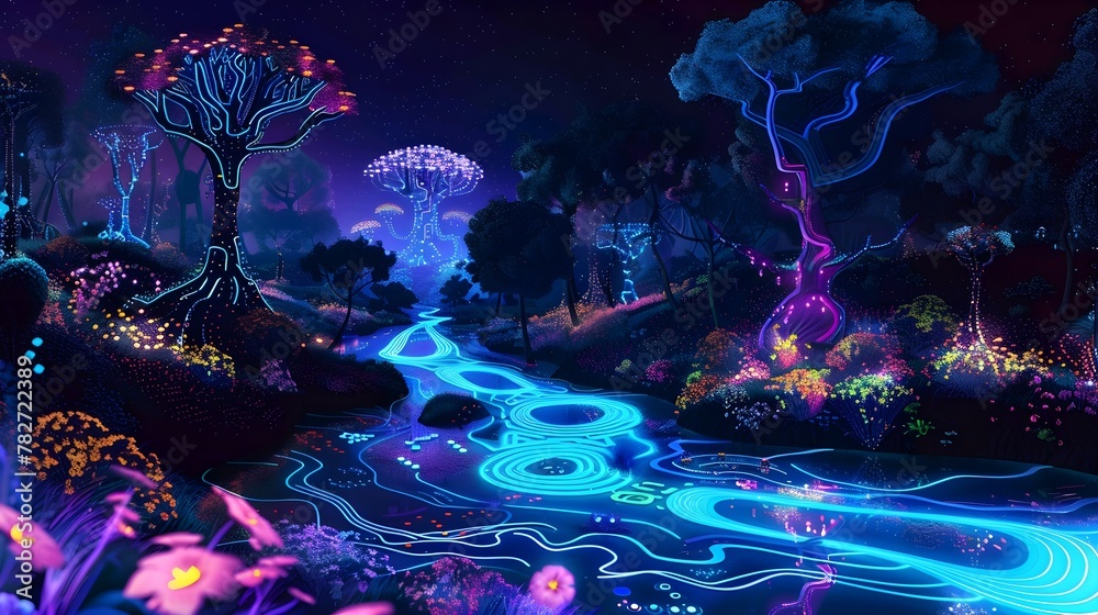 Nightscape forest on neon style. Fairytale word background