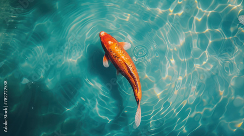 Capture the beauty of nature with an orange Koi fish swimming in crystal clear blue water, viewed from above. AI generative technology enhances underwater serenity.