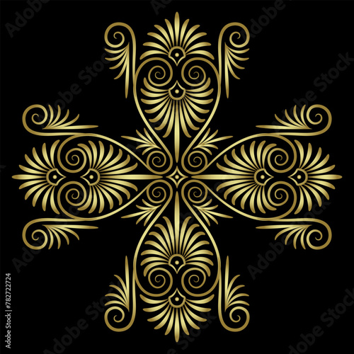 Ethnic ancient Greek cross shape ornament with spiral palmette motifs. Golden glossy silhouette on black background.