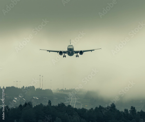 Get a glimpse of aviation nostalgia with a plane flying above Arlanda Airport  Sweden  on a rainy summer afternoon. Viewed from underneath with low saturation for a realistic feel. AI generative.