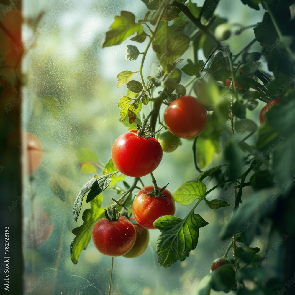 Discover the vibrant colors of ripe tomatoes hanging in lush green leaves, depicted in side view with multiple exposure. Blind box toys add a playful twist to this 4K high-detail image. AI generative.