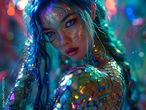 Captivating Iridescent Mutant Enchantress Portrayed in Vibrant Underwater Fantasy Setting,Rendered in Intricate Digital Art © vanilnilnilla