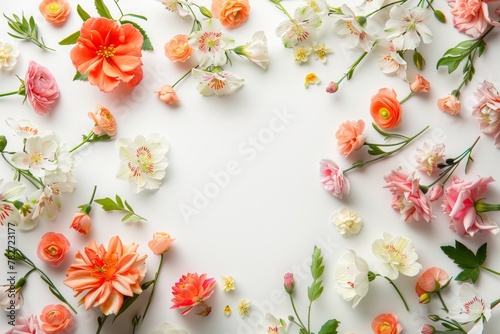 Assorted vibrant flowers arranged on white background. colorful flowers meticulously arranged on a white backdrop displaying a brilliant spectrum of colors and showcasing a variety of species