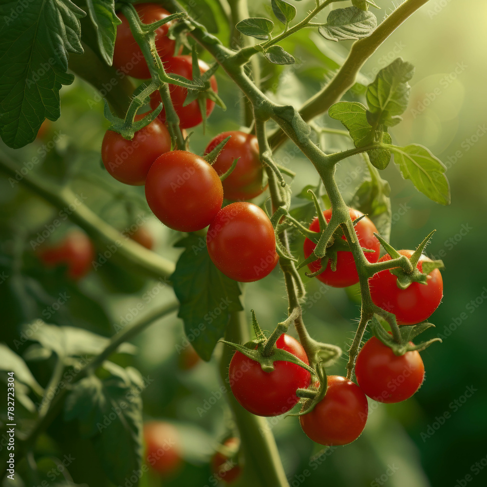 Delight in the sight of plump, inviting tomatoes hanging in green leaves, showcased in side view with multiple exposure.AI generative. Delight in the sight of plump, inviting tomatoes hanging in green leaves, showcased in side view with multiple exposure.AI generative.