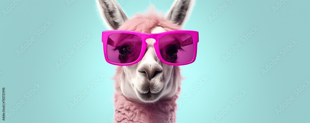 Funny llama with sunglasses on blue background