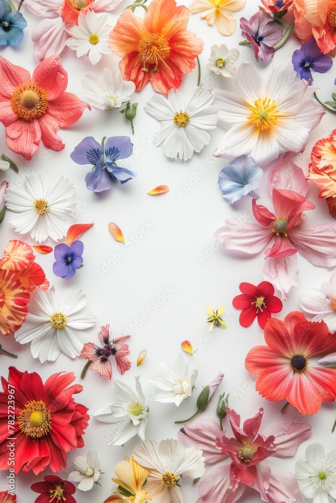 Assorted vibrant flowers arranged on white background. colorful flowers meticulously arranged on a white backdrop displaying a brilliant spectrum of colors and showcasing a variety of species