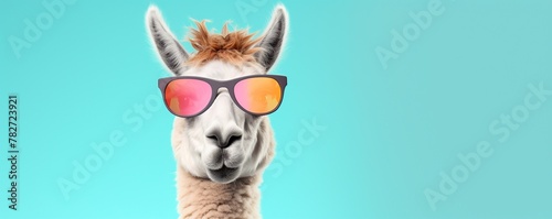 Funny llama with sunglasses on blue background © KRIS