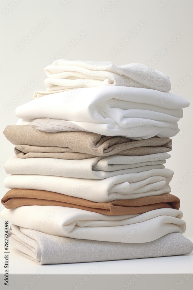 Stack of white and tan blankets on table Stack of white and tan blankets on table