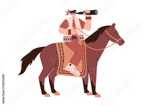 Native American tribe man looking with binocular and riding brown color horse animal recreation activity