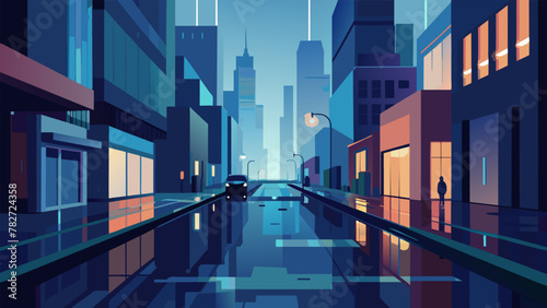 The streets are ablaze with light on a misty evening as the rain turns the slick asphalt into a canvas for the citys brilliance. Each puddle
