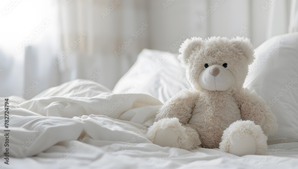 Teddy bear on bed, teddy bear on bed with pillows and lighting background