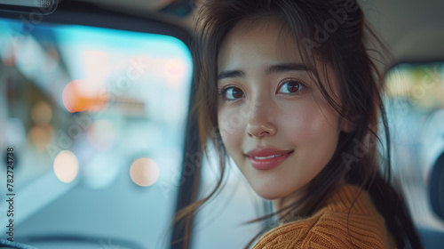 Young beautiful asian women getting new car. she very happy and excited. Smiling female driving vehicle on the road on a bright day. Sticking her head outta the windshield. © Matthew
