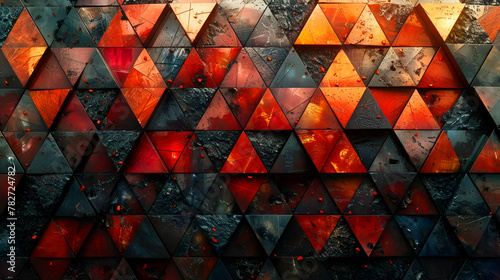 A fiery blend of geometric tessellations that meld warm and cool hues, creating a dynamic visual impact suitable for modern interior design applications photo