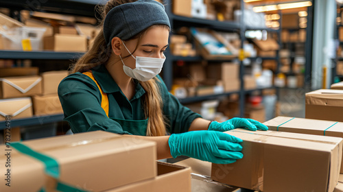 A woman wearing a face mask and gloves sorts boxes in a warehouse on postal photo