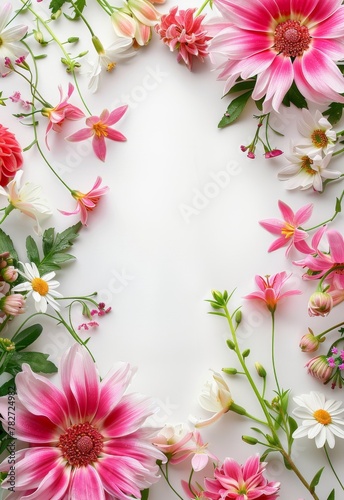 Assorted vibrant flowers arranged on white background. colorful flowers meticulously arranged on a white backdrop displaying a brilliant spectrum of colors and showcasing a variety of species © MiniMaxi