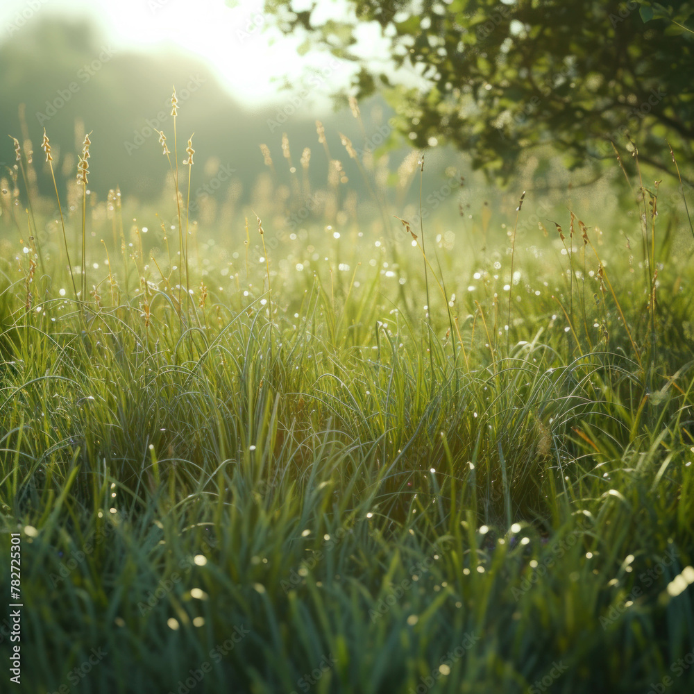 Experience the serene beauty of a grassy backdrop illuminated by natural light. AI generative.