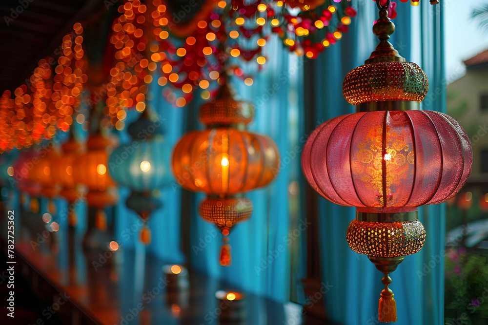 Naklejka premium Oriental Lanterns Adorning a Festive Walkway, Asian Inspired Event Decor, Suitable for Cultural Festivity Brochures, Venue Lighting Solutions, and Holiday Celebrations