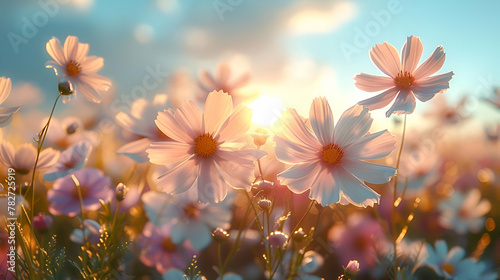 Idyllic Daisy Meadow at Sunset, Symbol of Purity and New Beginnings, Ideal for Spring Season Greetings, Nature-Themed Creative Projects, and Serene Backgrounds, Ample Copy Space © Lolik