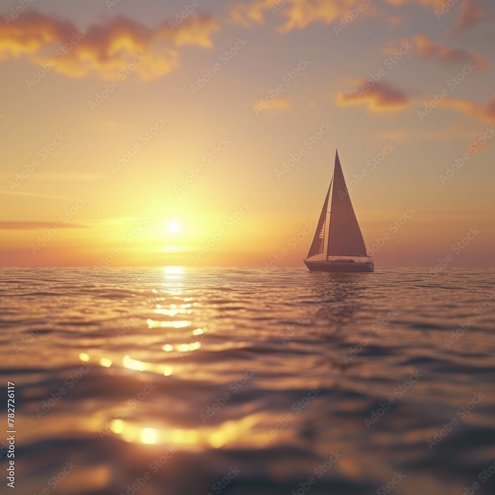 A mesmerizing seascape captures the essence of twilight, with a sailboat on the horizon. AI generative.
