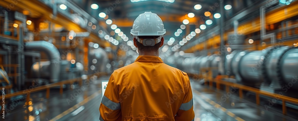 a man wearing a hard hat is standing in a factory a man wearing a hard hat is standing in a factory