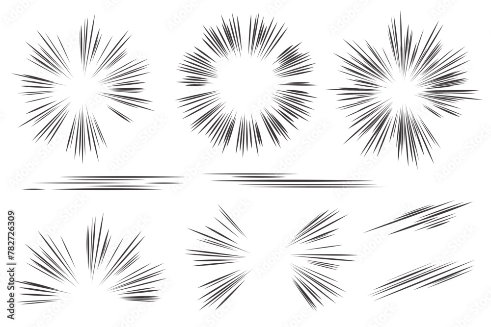 Manga speed lines effect. Vector comic motion elements. Action graphic flash burst and explosive boom isolated on white background. Abstract graphic illustration. Manga speed lines effect. Vector comic motion elements. Action graphic flash burst and explosive boom isolated on white background. Abstract graphic illustration.