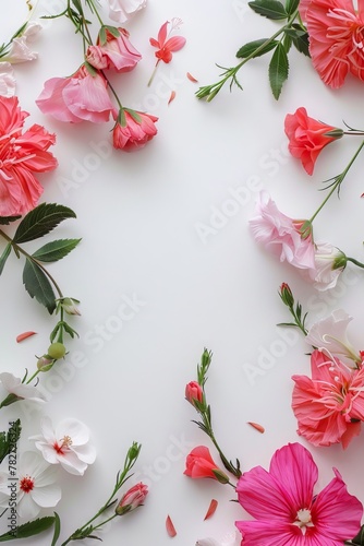Assorted vibrant flowers arranged on white background. colorful flowers meticulously arranged on a white backdrop displaying a brilliant spectrum of colors and showcasing a variety of species © MiniMaxi