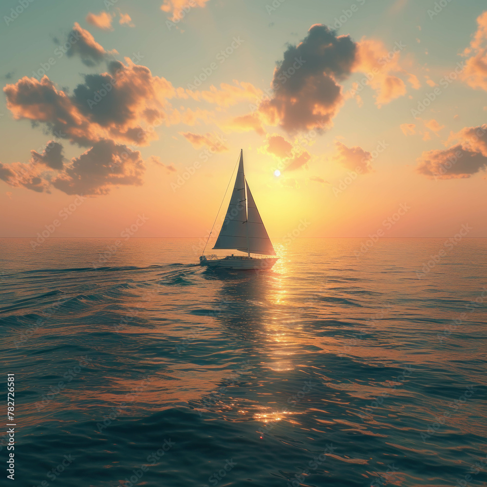 Experience the perspective of a bird overlooking a sailboat on the sea. AI generative.