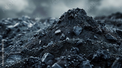 An artistic image of a mound of dark crumbly soil with bits of charred material mixed in. This represents the biochar a byproduct of the bioethanol production process and serves as . photo
