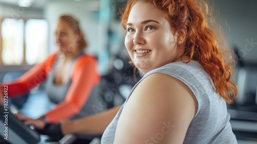 Happy overweight plus size red head shy woman working out in the gym. Diet, obesity, weight loss, sports activities