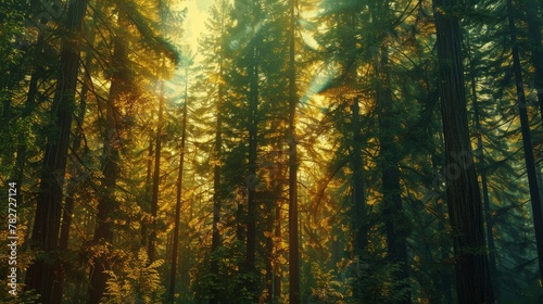 A majestic redwood forest bathed in morning light, panoramic vista emphasizing the towering trees © ktianngoen0128