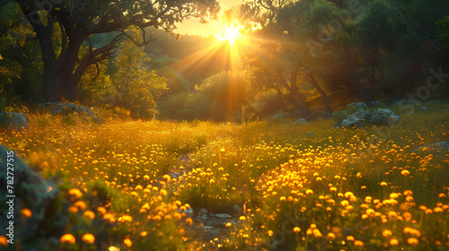 Golden Sunset Over Wildflower Meadow, Idyllic Nature Serenity, Romantic Scenery Concept