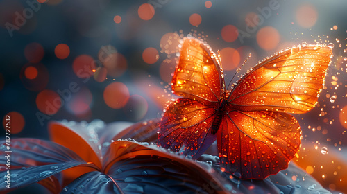 Magical Glowing Butterfly on Leaves, Fantasy Wildlife, Enchanted Nature Concept