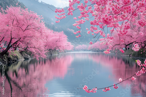 Tranquil River Through Cherry Blossom Trees, Peaceful Nature Escape, Springtime Scenery Concept