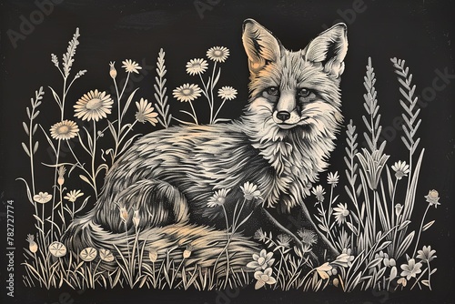 Illustration o a fox laying in field 